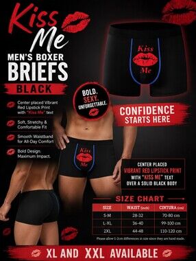 Men's L/XL & XXL Kiss Me Black Boxer Briefs